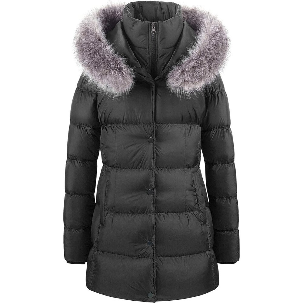 Women's Black Long Snow Puffer Jacket Coat Removable Faux Fur Trim Winter Warm